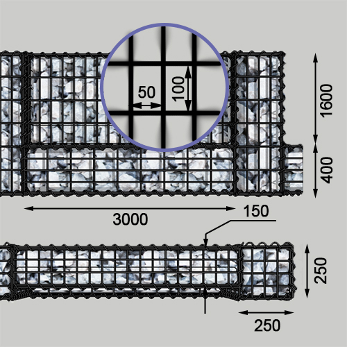 Габионный забор (столбы, секции и основание), высота 2м, ячейка ...